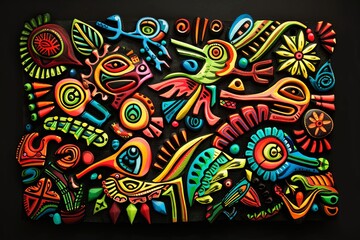 Vibrant Tribal Colorful Woodcarving Style on Black Background