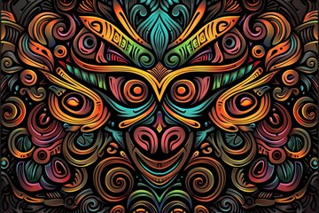 Vibrant Tribal Colorful Woodcarving Style on Black Background