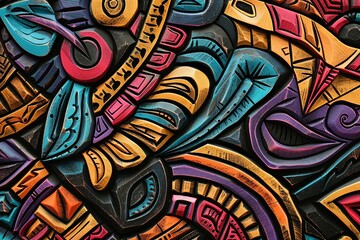 Vibrant Tribal Colorful Woodcarving Style on Black Background