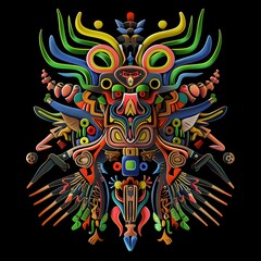 Fototapeta premium Vibrant Tribal Colorful Woodcarving Style on Black Background