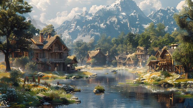 Concept Art ,In a quaint village, a charming protagonist rallies a committed group of allies to embark on a daring quest to save their homeland from an ancient evil., Hyperrealism