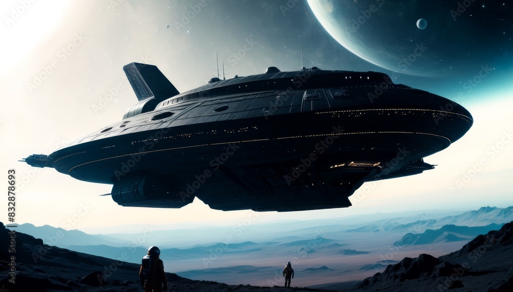 Poster a massive spaceship descends onto a desolate, sandy planet, casting a silhouette against a large moo
