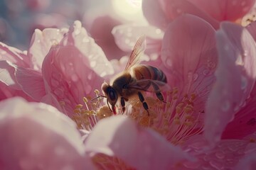 Honeybee collecting pollen from delicate pink flower in spring garden