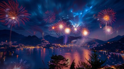 The most beautiful fireworks display in the world, night view ofograph photograph, wide angle, city lights, photo taken from top to bottom, colorful, firework is in full bloom above ocean and mountain