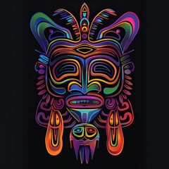 Vibrant Tribal Colorful Woodcarving Style on Black Background