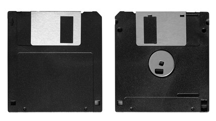 floppy disk black, 2.5 inch front and back without label on transparent background (png image)