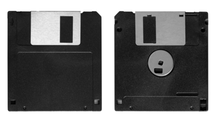 floppy disk black, 2.5 inch front and back without label on transparent background (png image)