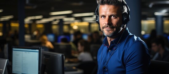 Friendly call center agent using his communication skills with headset, providing customer service remotely