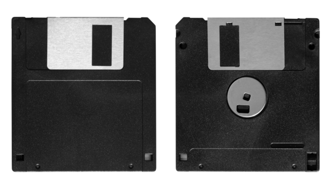 floppy disk black, 2.5 inch front and back without label on transparent background (png image)