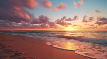 Fototapeta premium Spectacular Sunset with Ocean Waves and Serene Beach