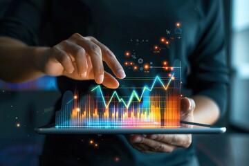 Digital technology, big data, business finance and investment with innovative futuristic technology background. Business man using digital tablet with financial graph growth chart with generative ai