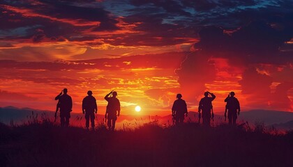 Fototapeta premium Design a poster with a silhouette of soldiers saluting at sunset