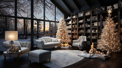 Christmas living room interior with a Christmas tree and fireplace.