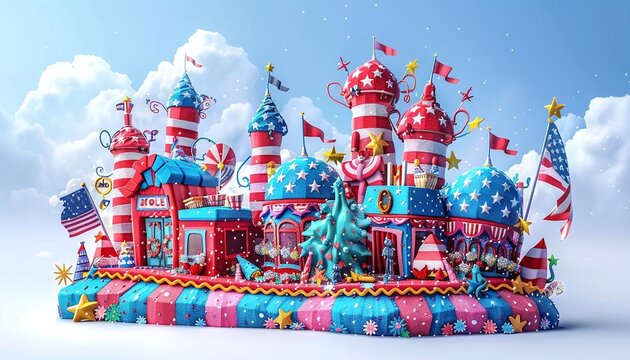 Illustrate a patrioticthemed parade float with American flags