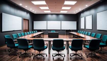 Fototapeta na wymiar A sleek, modern conference room with turquoise chairs, whiteboards, and a central black table, designed for corporate meetings.. AI Generation