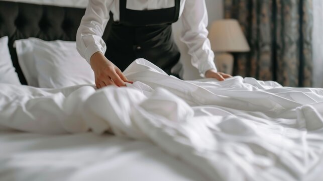 Housekeeper s precise bed making in modern hotel room showcases vital role in hospitality industry