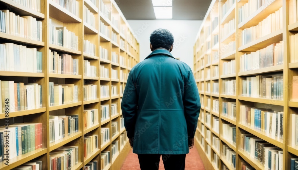 Poster an elderly man in a dark coat walking and browsing through an aisle surrounded by tall bookshelves i