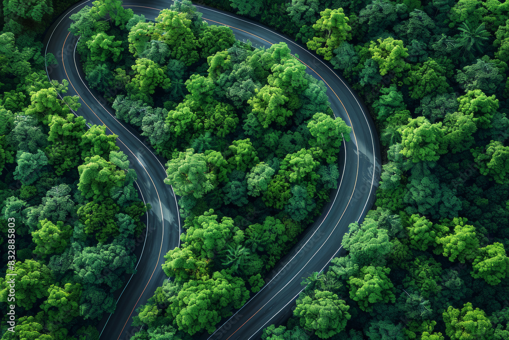 Poster top-down photo of a highway cutting through a dense forest. concept of infrastructure and nature. ge