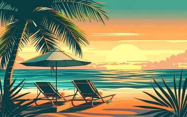 Tropical beach with two sunbeds and an umbrella under a palm tree on a summer vacation, sunset light