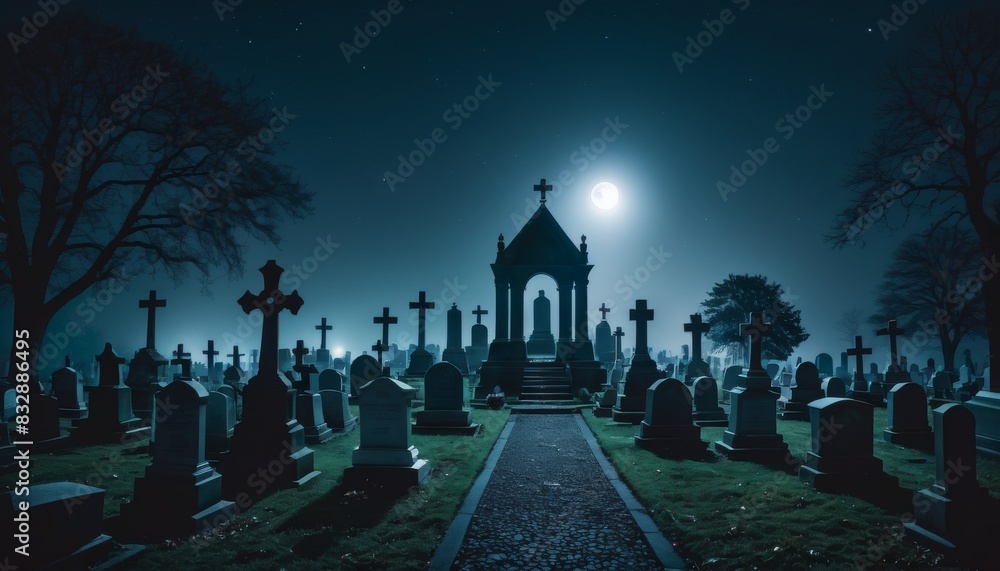Poster an ethereal moon shines over a serene graveyard, casting a gentle glow on the crosses and chapel und