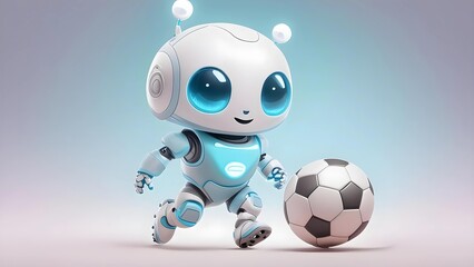 Uroczy robot grający w piłkę nożną z dużymi, niebieskimi oczami i antenkami