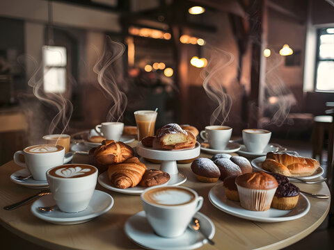 Tienda de caf&eacute; con mesa servida, tazas de caf&eacute; y pasteler&iacute;a