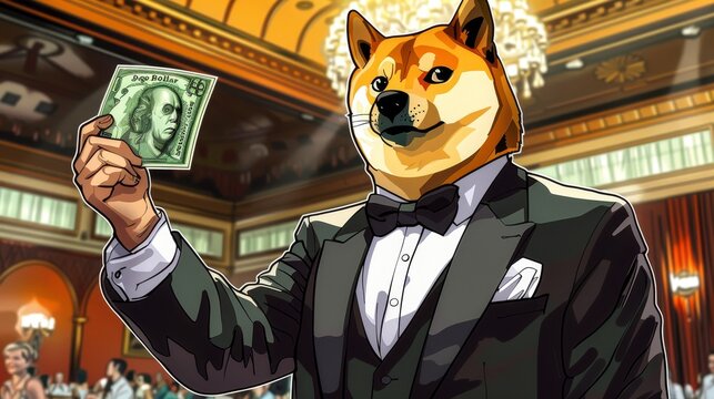 Illustration of DogeDollar, a meme coin in cartoon style for cryptocurrency and finance concept, banner