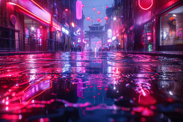 Obraz premium A street scene with reflections of neon lights in the wet pavement. Concept of urban life and rainy night ambiance. Generative Ai.