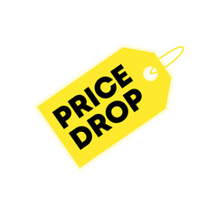 Price drop tag. Yellow color. illustration. Isolated on transparent background. 