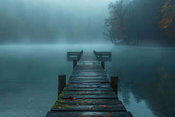 A foggy pier extending into a misty lake, with rain softly falling. Concept of solitude and reflection in nature. Generative Ai.