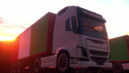 Cargo trucks with Italy flag. Trucks from Italy loading or unloading at warehouse dock. 3d illustration