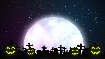 Halloween background with big moon and scary pumpkins. Scary night of Halloween. 3d illustration