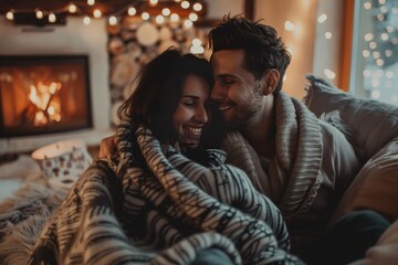 Obraz premium Romantic scene of a smiling couple wrapped in a blanket by the fireplace, expressing love and connection