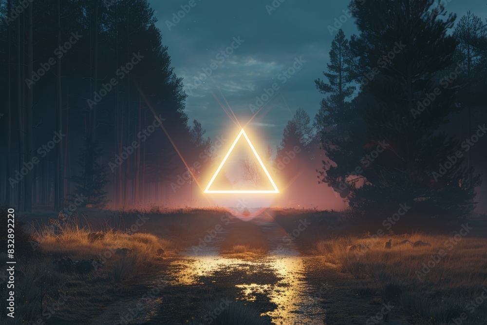 Poster An otherworldly triangular light portal casts its glow on a serene forest path, surrounded by fog and mystery