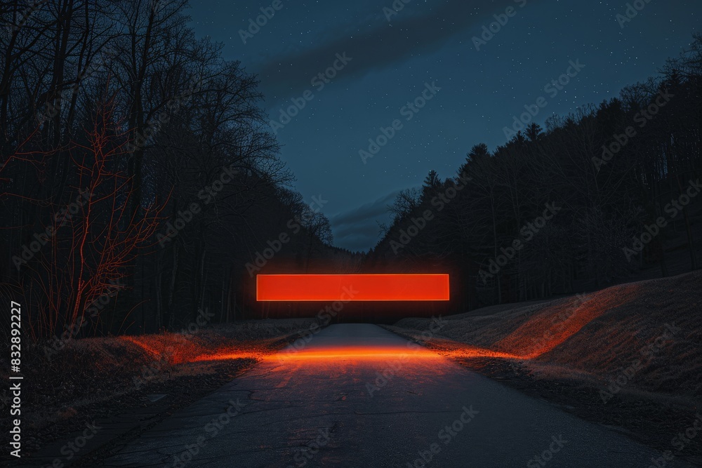 Poster An ominous red glowing rectangular shape floats above an empty road in a forest at night, evoking a sense of mystery