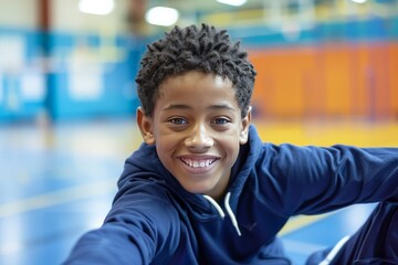 A young boy with a joyful smile poses for a selfie at an indoor sports facility - Powered by Adobe
