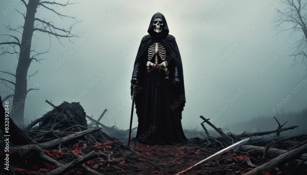 Poster a foreboding figure of the grim reaper, cloaked and skeletal, stands ominously in a desolate landsca