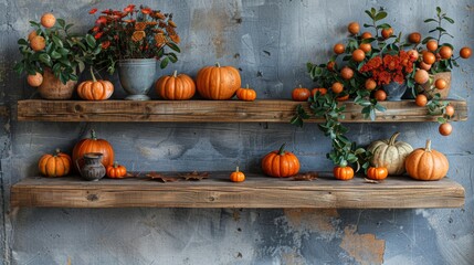fall themed rustic shelves adorned with pumpkins and autumn leaves, creating a cozy living space ambiance, ideal for a background with copy space