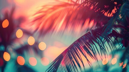 Colorful sunset sky with tropical palm tree and bokeh lights Conveying the essence of summer vacation and nature exploration Vintage filter adds a unique touch to the image - Powered by Adobe