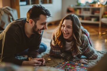 Fototapeta premium Vibrant scene capturing a young couple's laughter and joy while playing a board game together at home