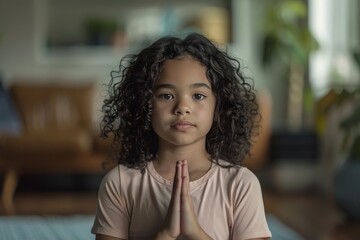 Fototapeta premium Child with dark curly hair meditates with hands together, facial expression exuding calm in a neutral-toned room