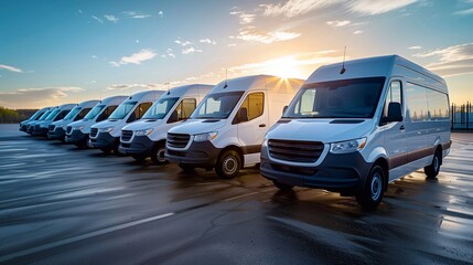 a number of minibuses ready for transportation of goods in the parking lot against the background of the sky. Generative ai 