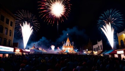 Obraz premium Spectators gather to watch a vibrant fireworks display over a lively fairground with illuminated tents at night.. AI Generation