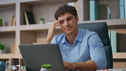 Overworked guy closing computer taking break. Closeup office manager finishing