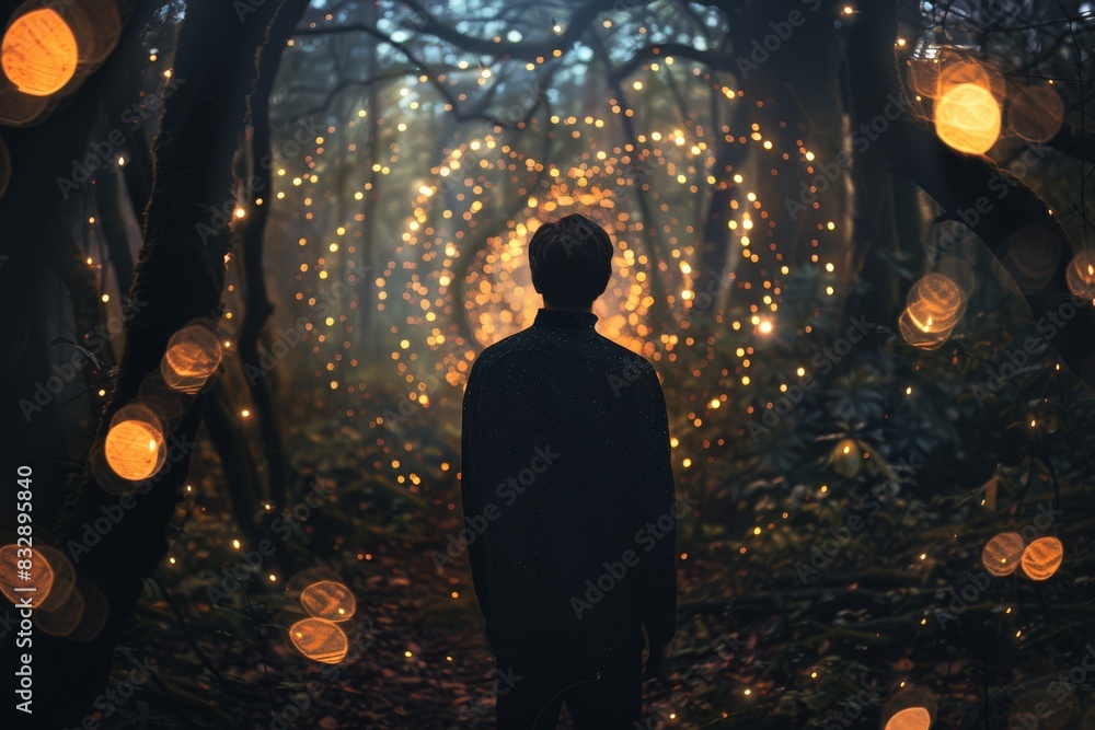 Poster a mystical scene with a person standing in a forest lit by glowing lights suggesting enchantment