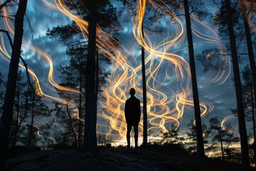 A solitary figure is framed by abstract, swirling light trails in a mystical forest setting during dusk