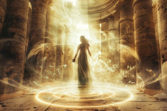 A mystical woman stands in an ancient temple surrounded by magical runes and light