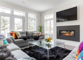 Vibrant and modern living room with comfortable sofas, a glass coffee table, a fireplace on the wall, 
