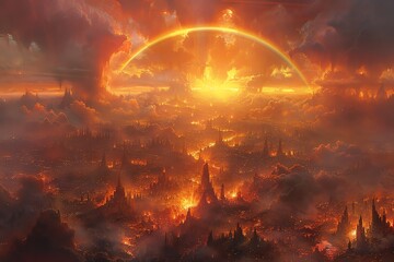 A fiery apocalypse with a rainbow arching over a burning city.