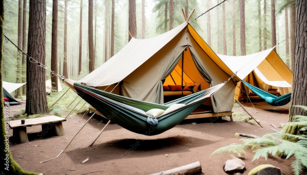 Poster a spacious canvas tent and hammock invite relaxation in a tranquil forest, promising an immersive gl